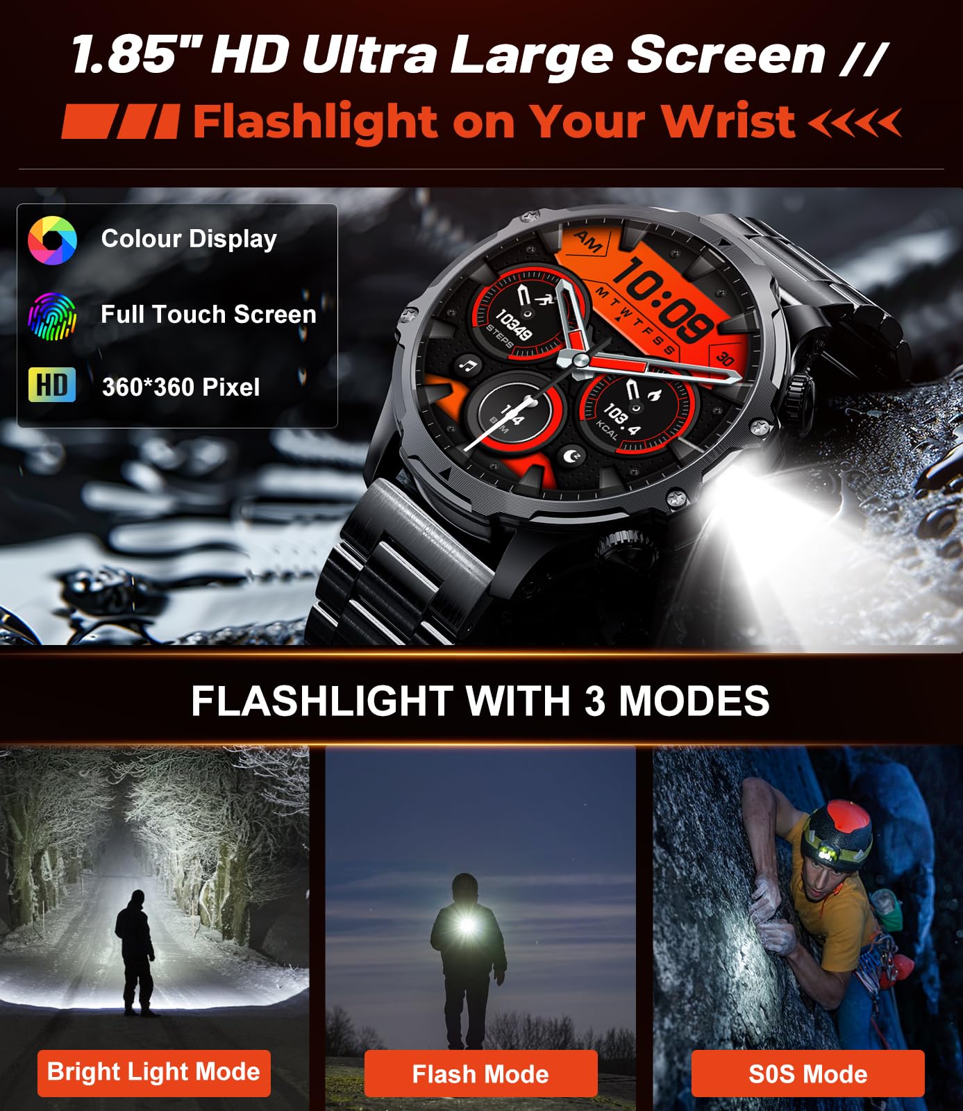 Military Smart Watch For Men,1.85 '' Hd/800Mah Battery Smart Watches With Led Flashlight For Android Ios (Bluetooth Call Answer/